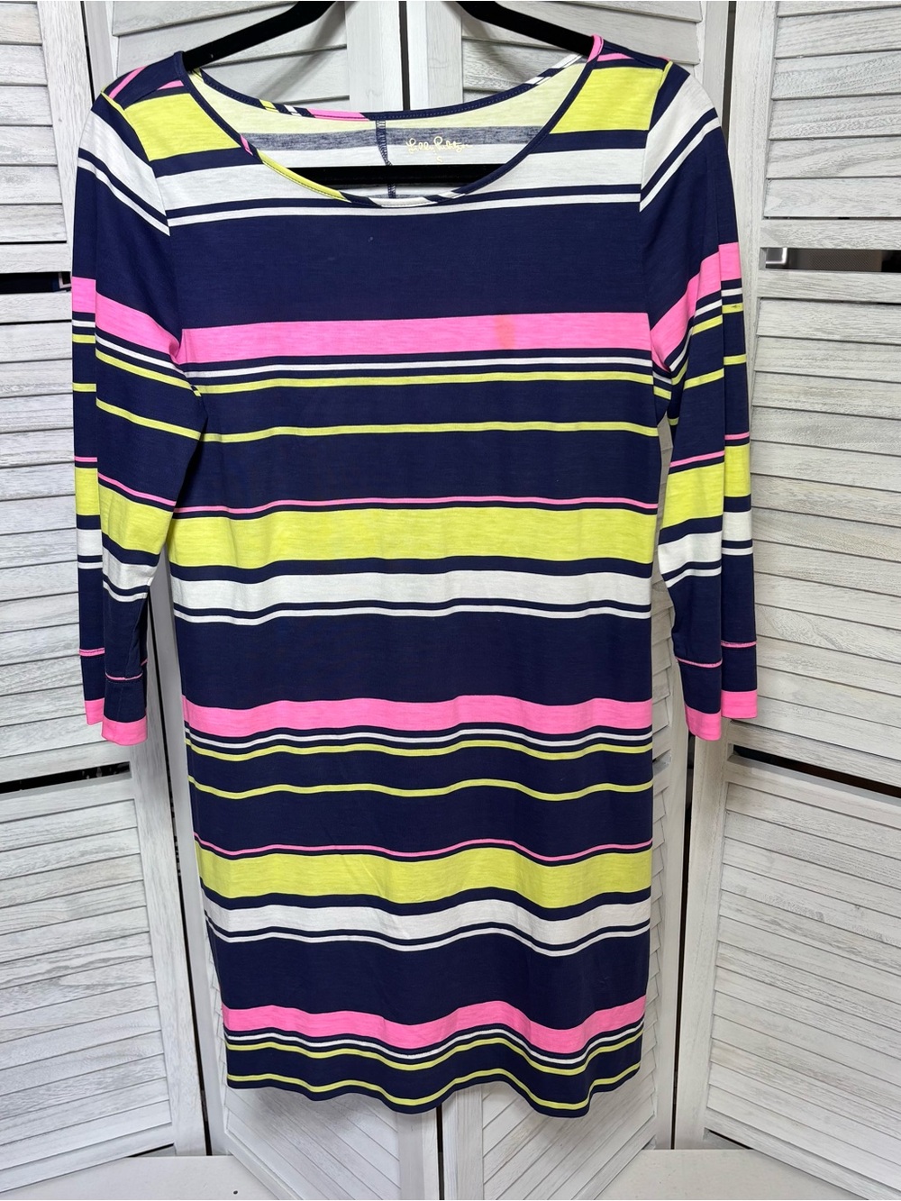 Lilly Pulitzer Striped Pima Cotton Dress Small Navy Pink Yellow 3/4 Sleeve